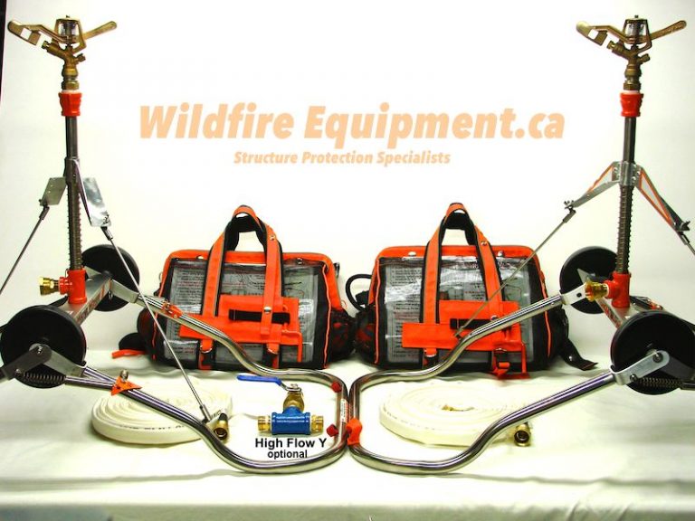 Two Water Winger rooftop wildfire sprinkler kits unfolded with deployment lines and storage bags