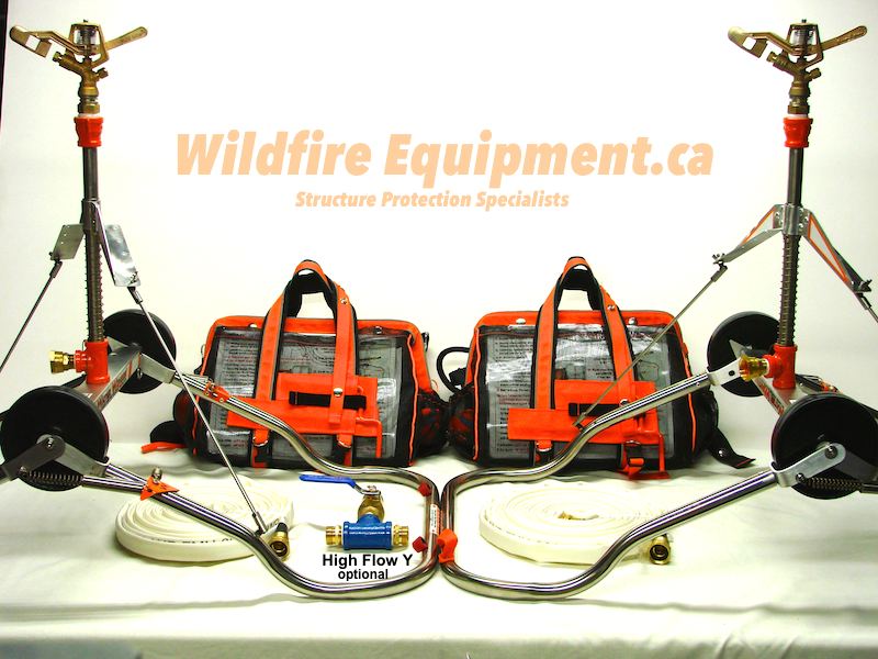 Two Water Winger rooftop wildfire sprinkler kits unfolded with deployment lines and storage bags