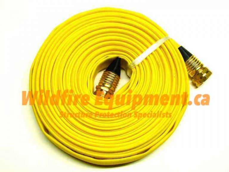 50' roll of 3/4" lay-flat fire hose with the yellow abrasion resistant coating