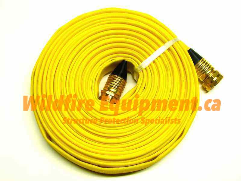 50' roll of 3/4" lay-flat fire hose with the yellow abrasion resistant coating