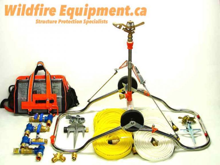 Standard home wildfire protection package with one Water Winger rooftop sprinkler, two ground sprinklers, hose and fittings
