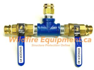 Two-valve high-flow Y splitter providing independent control of two Water Winger rooftop sprinklers