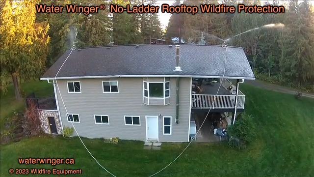 Two Water Winger rooftop sprinklers creating coverage around a two-storey home